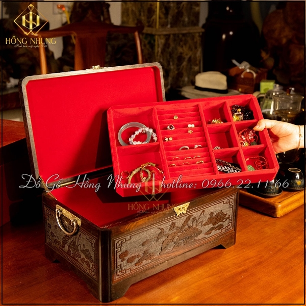 Hộp đựng trang sức khắc hình rồng phượng gỗ trắc 