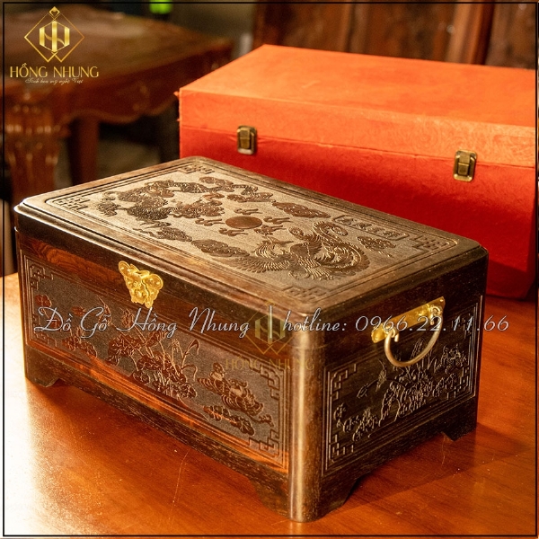 Hộp đựng trang sức khắc hình rồng phượng gỗ trắc 