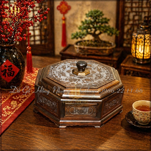 Khay đựng mứt gỗ trắc 5 ngăn