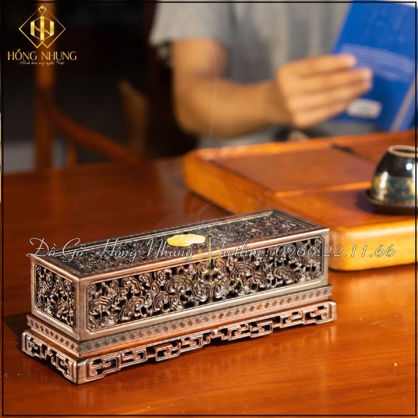 Lư Đốt Trầm Gỗ Trắc Chạm vân Mây