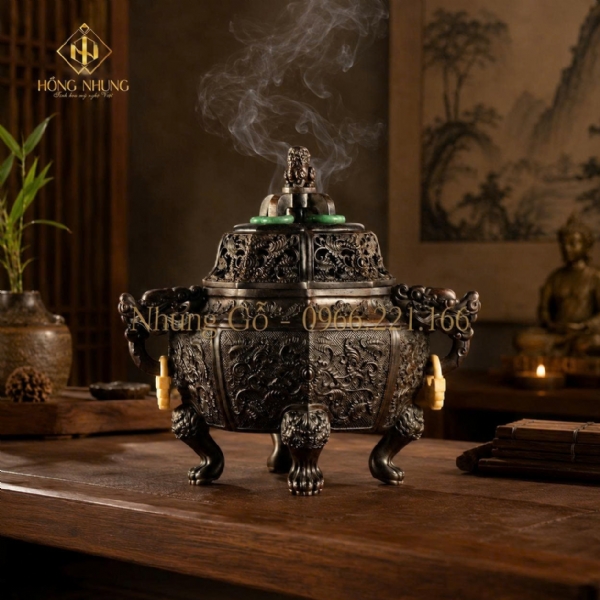 Lư Đốt Trầm Tròn Gỗ Trắc 
