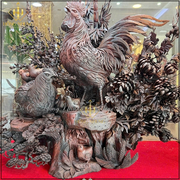 Tượng Gia Đình Gà Gỗ Trắc Đỏ Đen Đẹp Chuẩn Phong Thủy