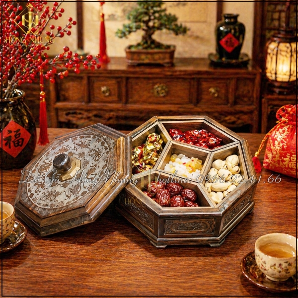 Khay đựng mứt gỗ trắc 5 ngăn