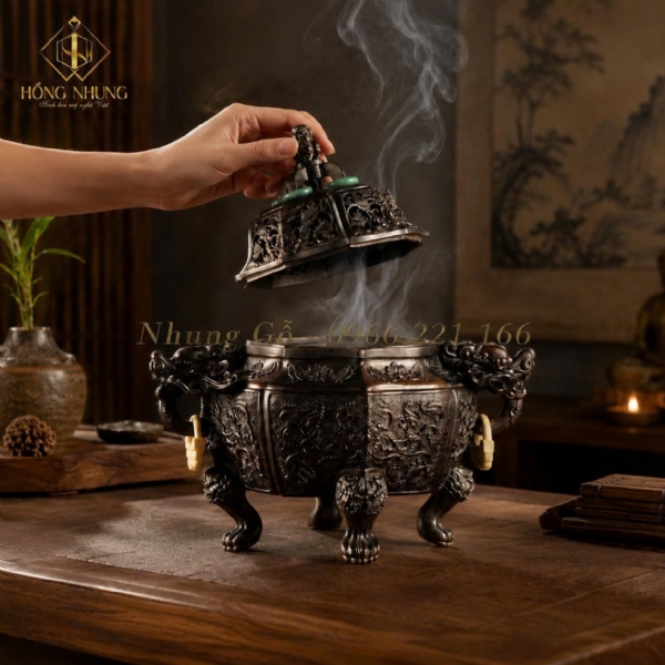 Lư Đốt Trầm Tròn Gỗ Trắc 