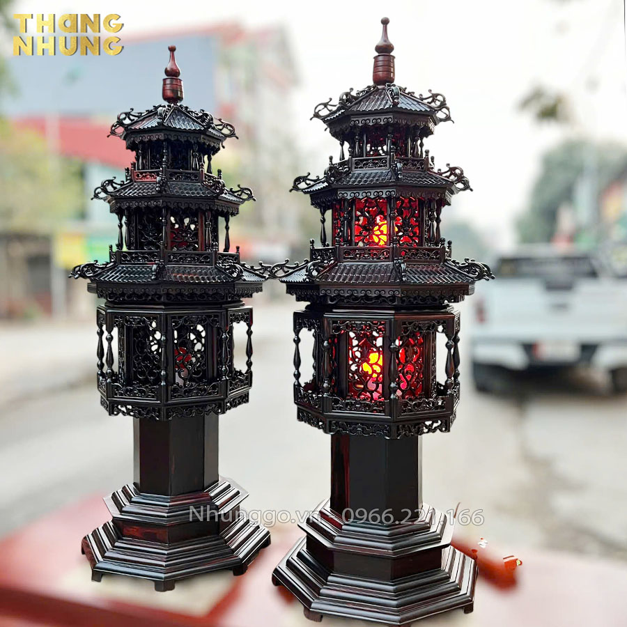 Đôi đèn tháp văn xương 3 tầng gỗ trắc 