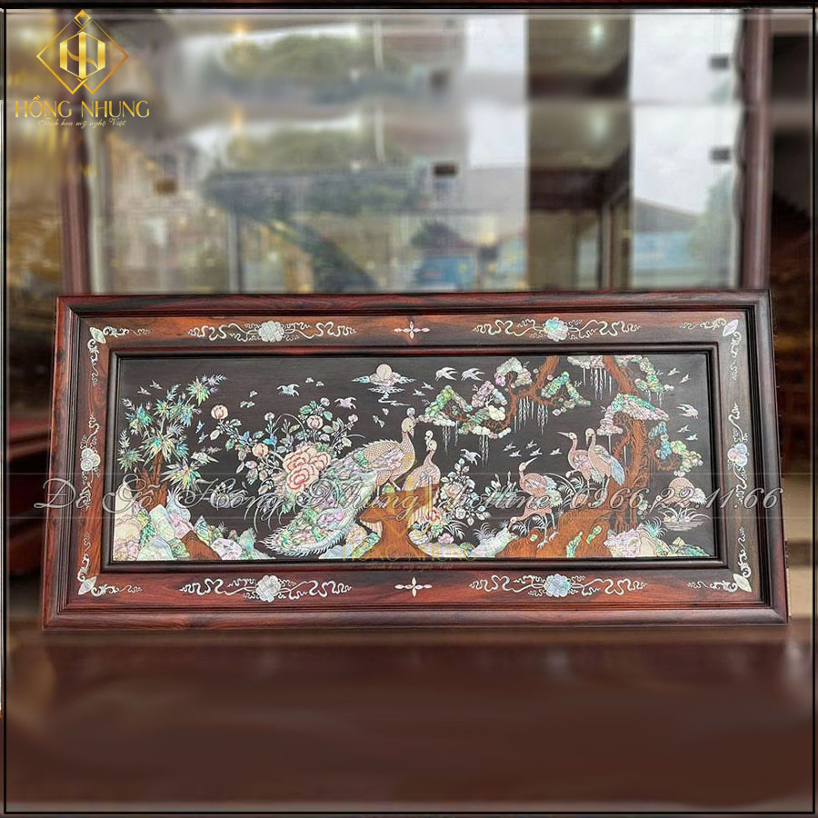 Tranh Gỗ Trắc Chim Công Tùng Trúc Mẫu Đơn